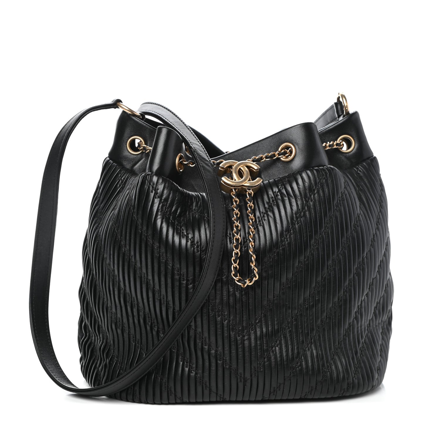 Iridescent Crumpled Calfskin Coco Pleats Small Drawstring Bag Black