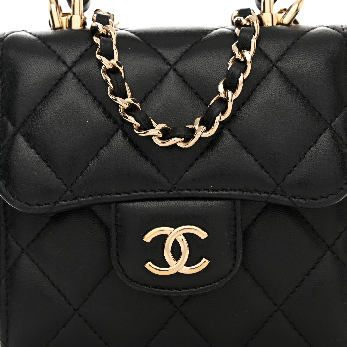 Lambskin Quilted Top Handle Flap Clutch With Chain Black