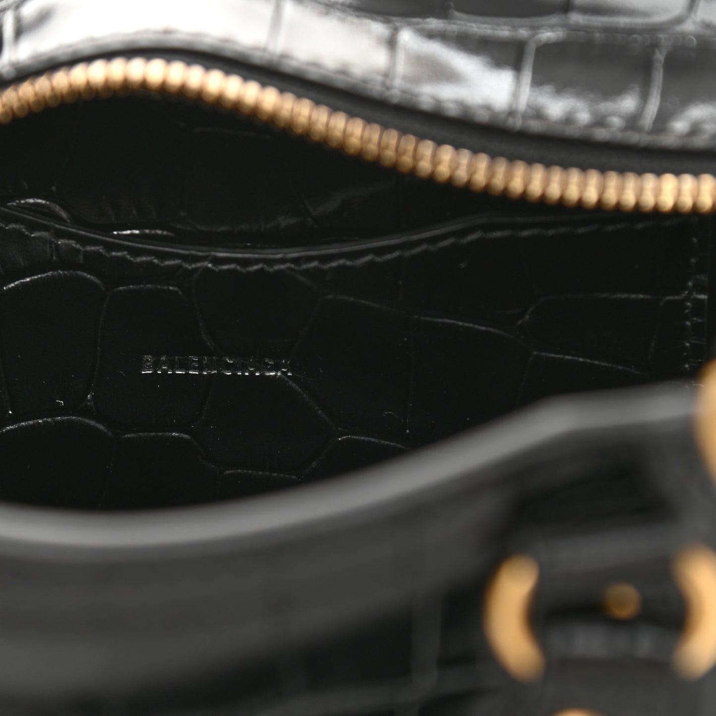 Shiny Supple Calfskin Crocodile Embossed Neo Classic Gold Hardware Mini City Black