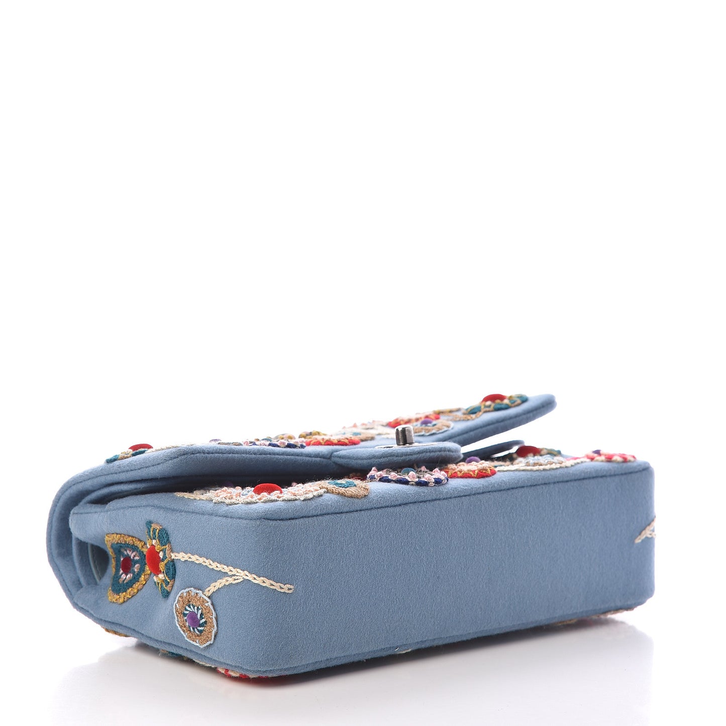 Felt Flower Embroidered Medium Double Flap Blue Multicolor