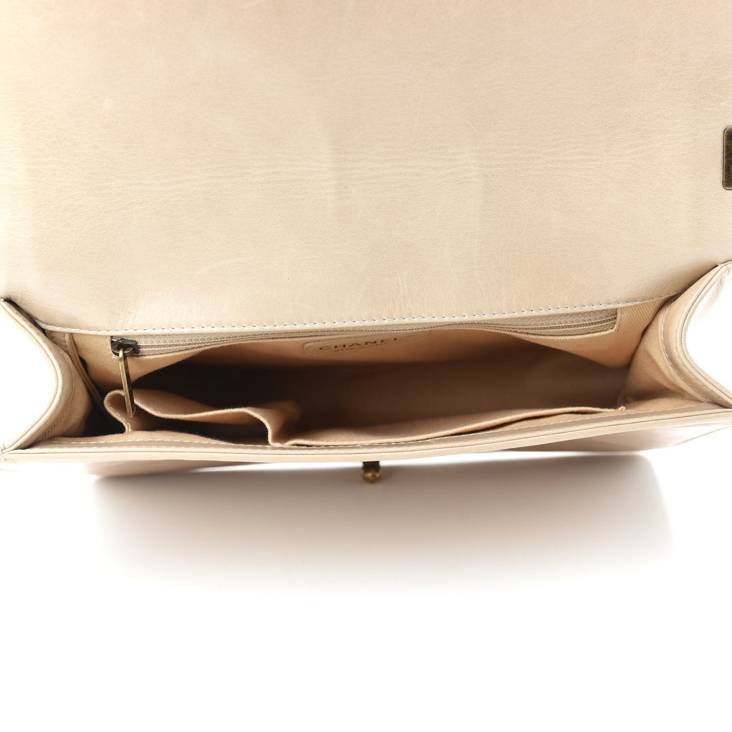 Glazed Calfskin Quilted Large Boy Flap Beige