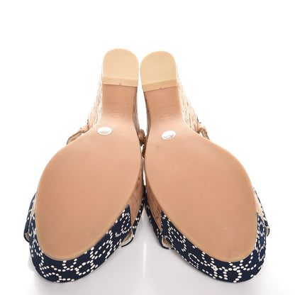 Chanel Canvas Lambskin Cork CC Wedge Sandals 38 Navy Blue 5 of 9