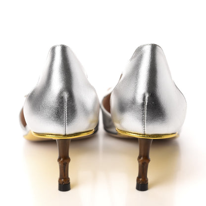 Gucci Metallic Nappa Bamboo Crystal Double G Low Heel Pumps 40 Argento 5 of 10
