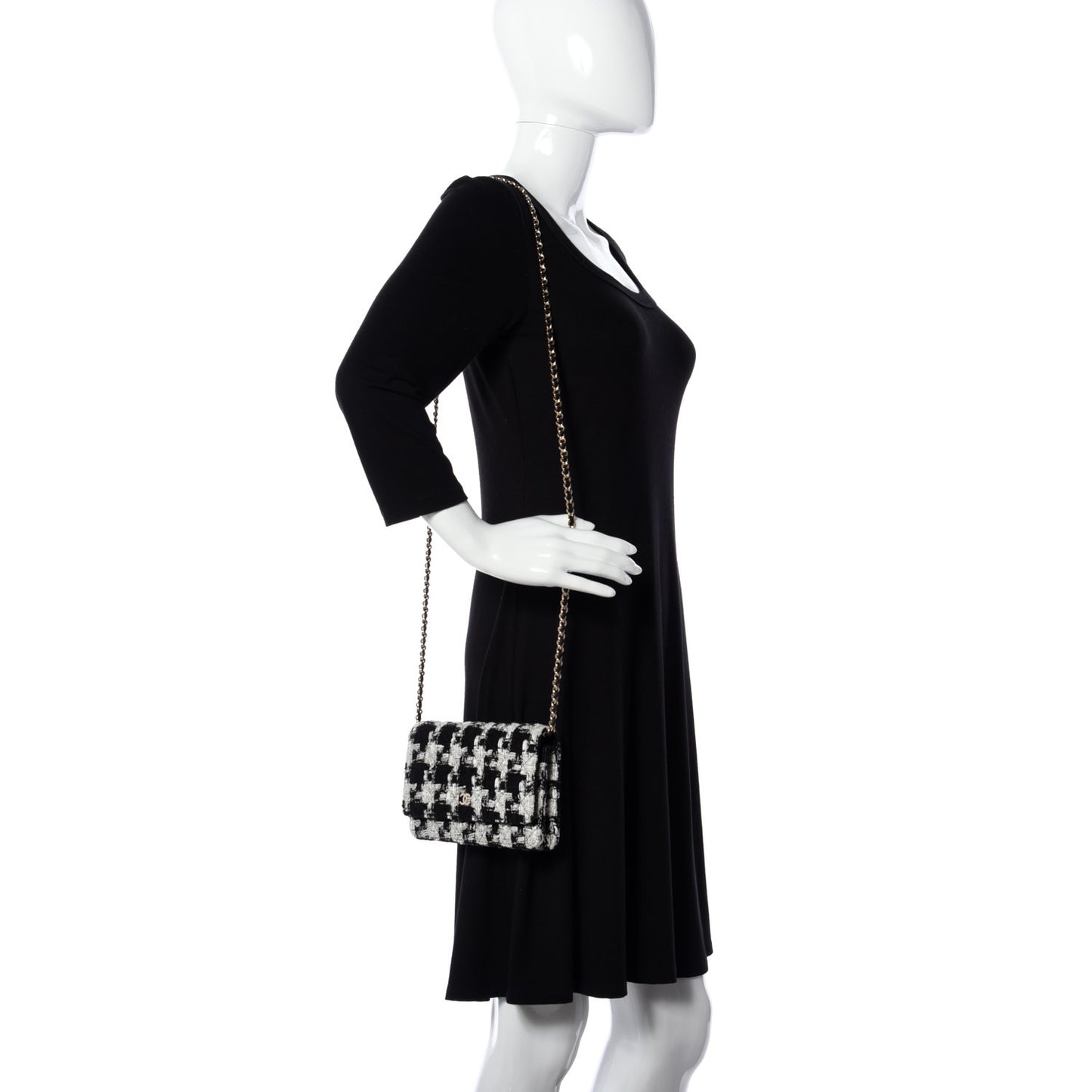 Tweed Quilted Wallet On Chain WOC Black Ecru White