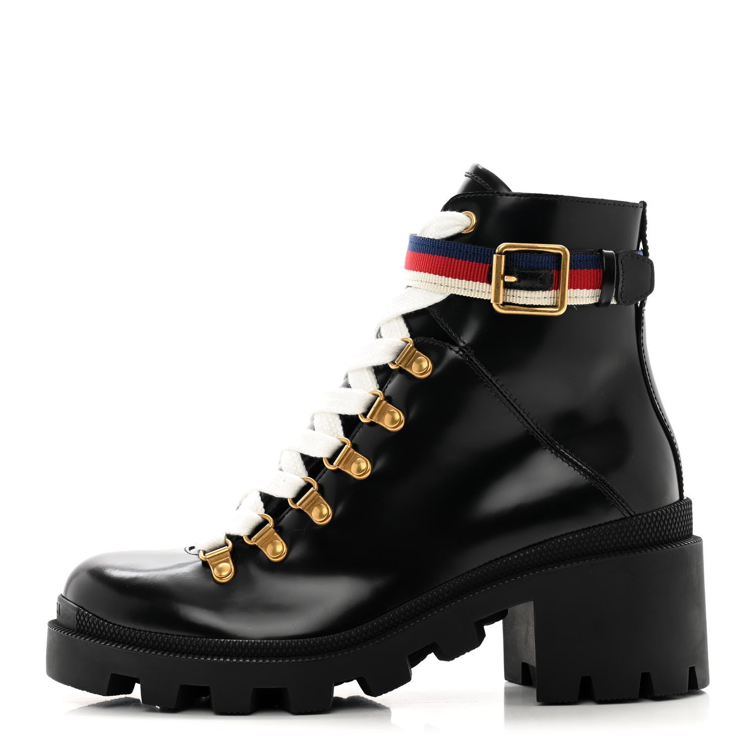 Gucci Calfskin Sylvie Web Womens Lace Up Combat Boots 37 Black 1 of 9