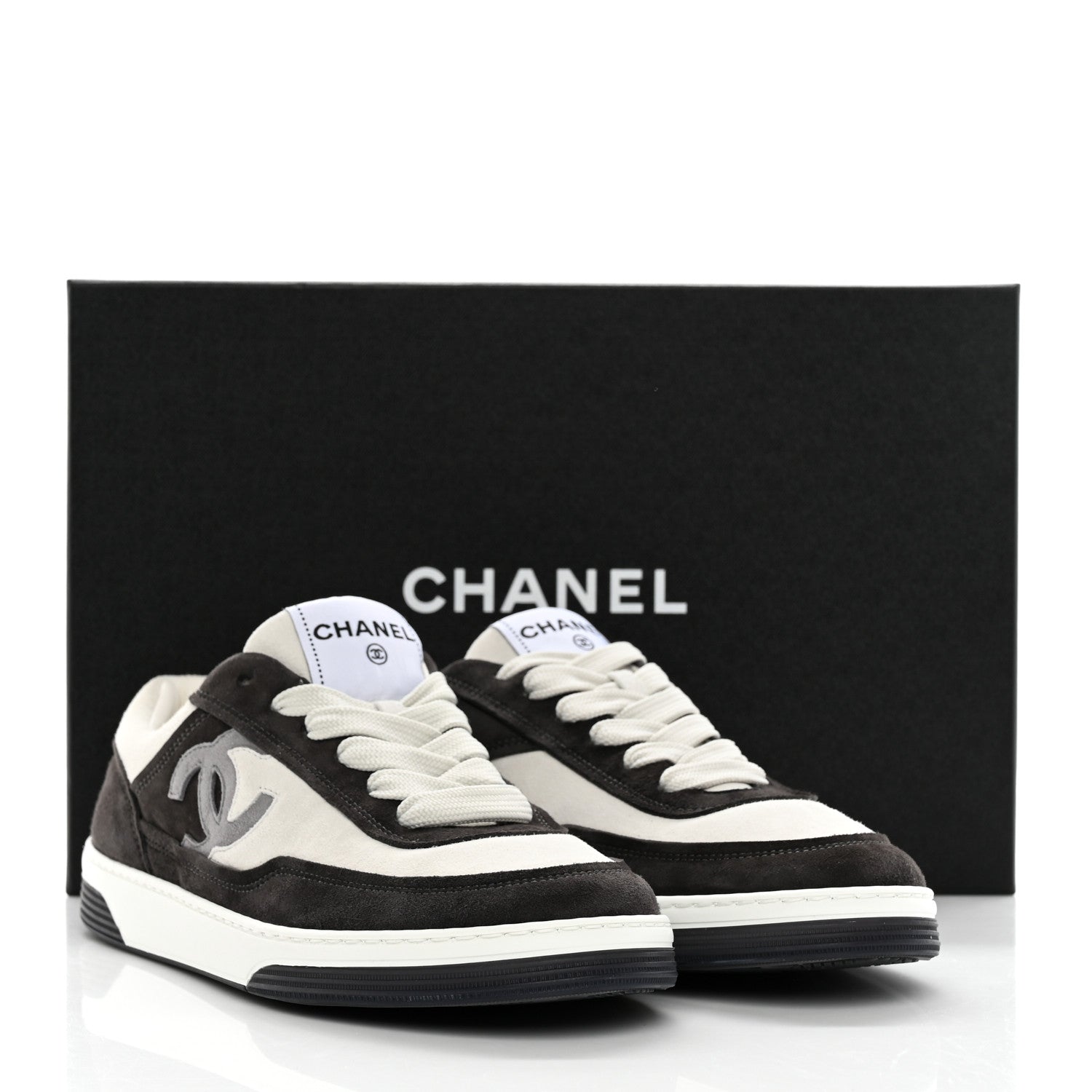 Chanel Suede Kidskin Womens CC Sneakers 38 Black White 9 of 9