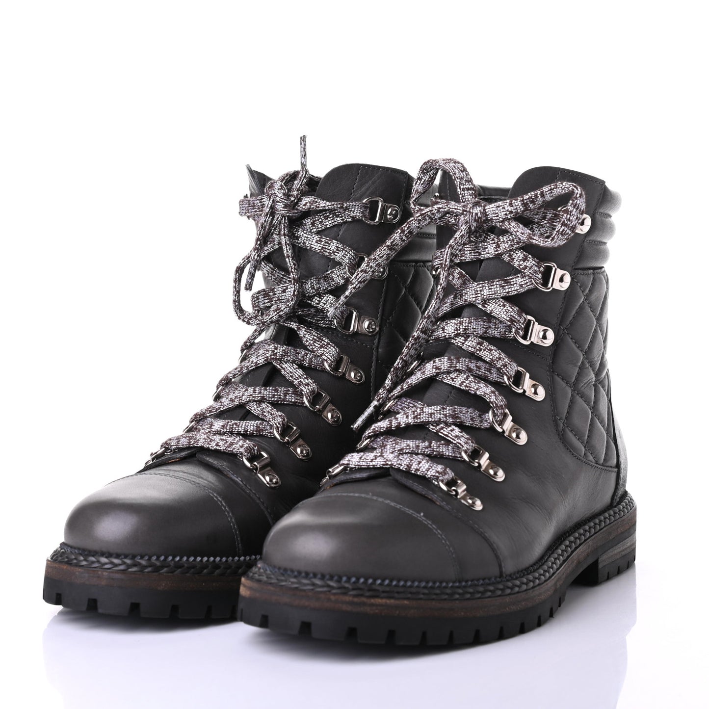 Lambskin Quilted Lace Up Boots 39.5 Grey