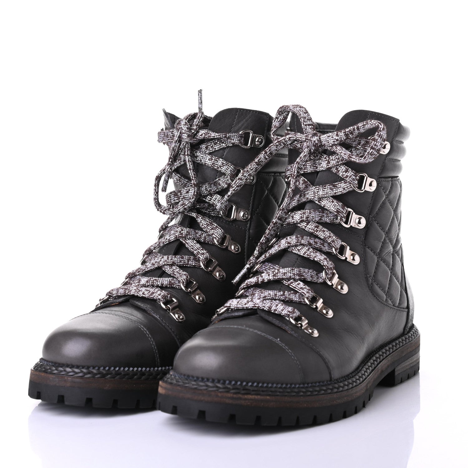 Chanel Lambskin Quilted Lace Up Boots 39.5 Grey 3 of 10