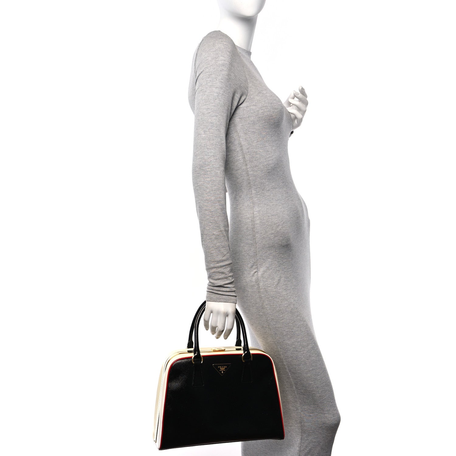 Prada Saffiano Vernice Pyramid Bag Black White Rosso 2 of 11