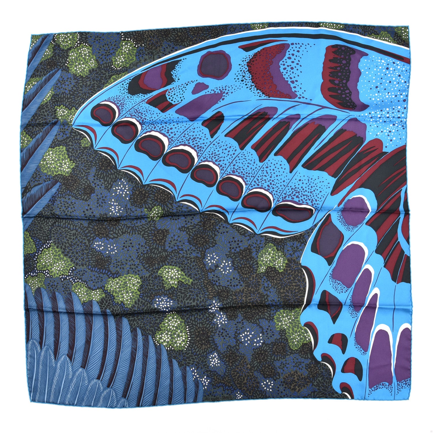 Hermes Silk L'Esprit de la Foret Scarf 90 Bleu Prune Vert 1 of 3