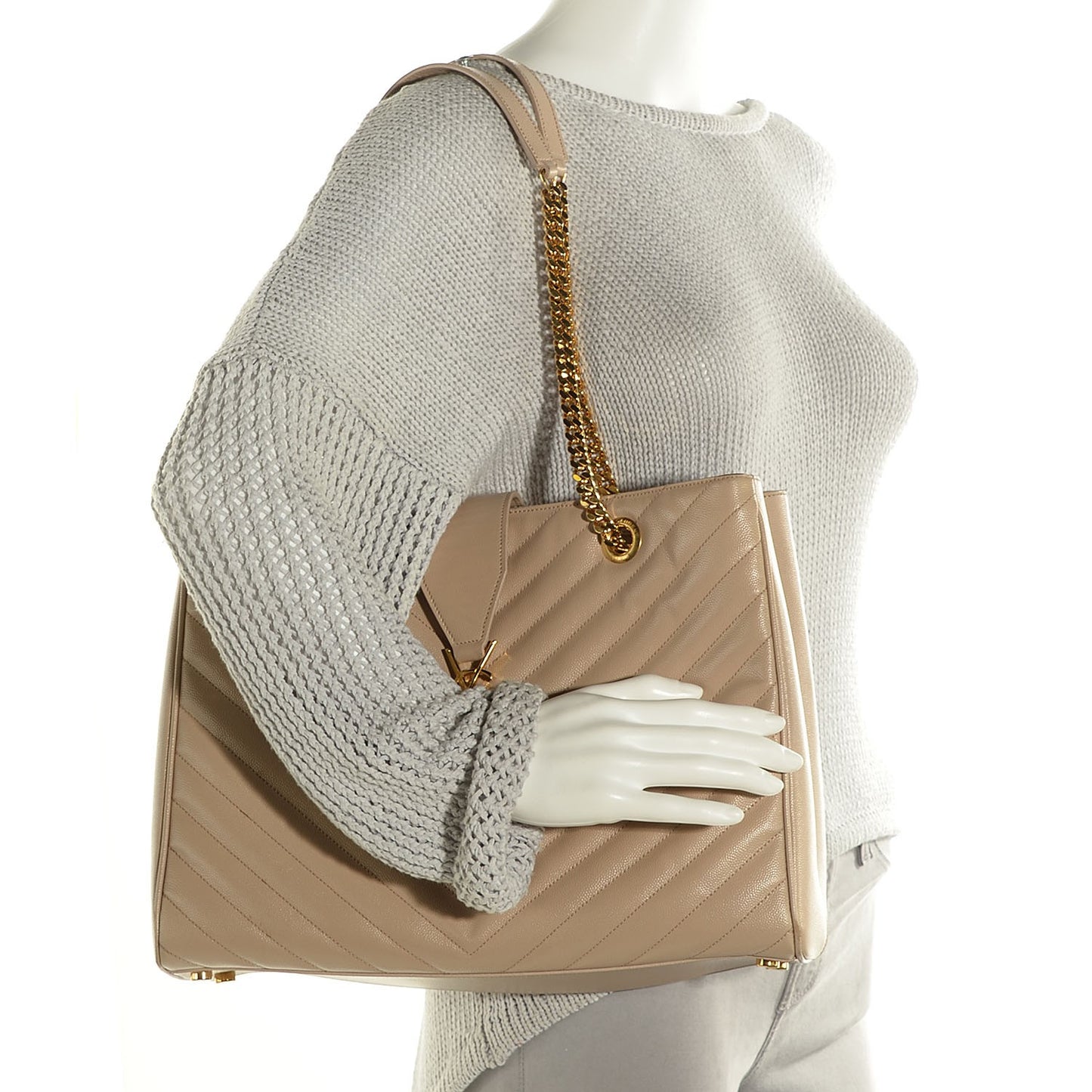 Grain De Poudre Matelasse Chevron Monogram Shopping Bag Dark Beige