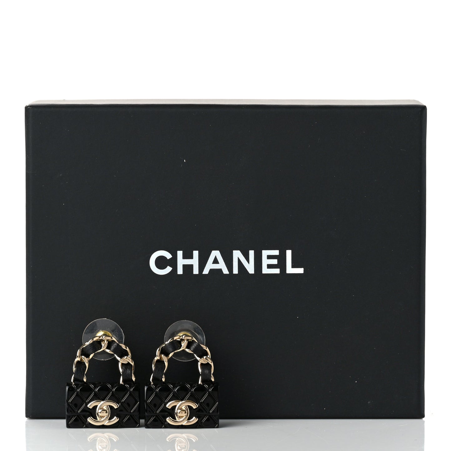 Metal Resin Lambskin Quilted CC Turnlock Chain Flap Bag Earrings Black Gold