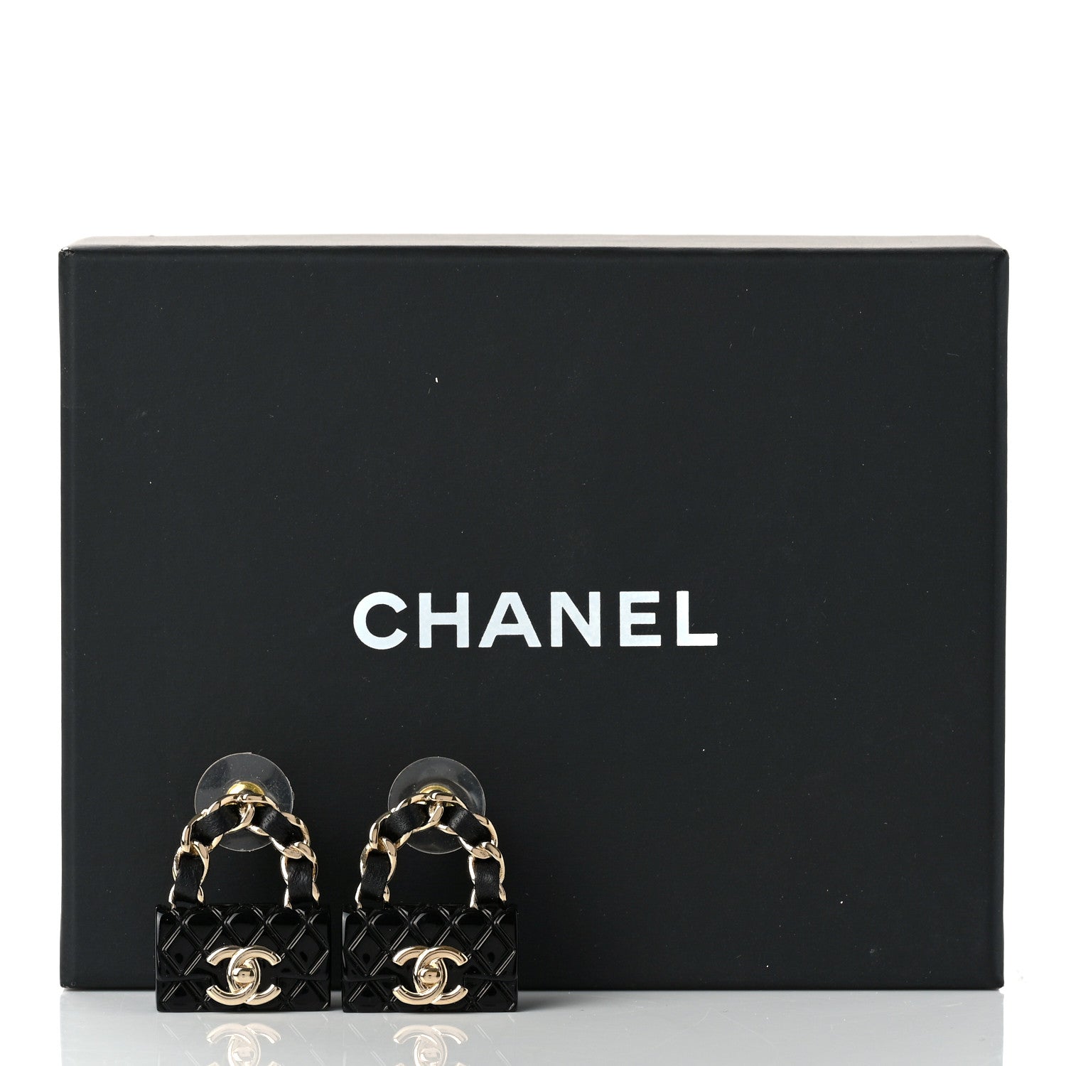 Chanel Metal Resin Lambskin Quilted CC Turnlock Chain Flap Bag Earrings Black Gold 5 of 5