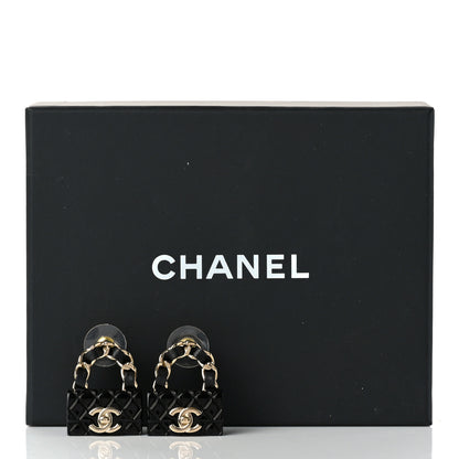 Chanel Metal Resin Lambskin Quilted CC Turnlock Chain Flap Bag Earrings Black Gold 5 of 5