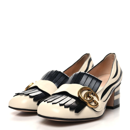 Gucci Malaga Kid Zebra Inlay GG Marmont Fringe Loafer 50mm Pumps 36 Mystic White Black 3 of 8