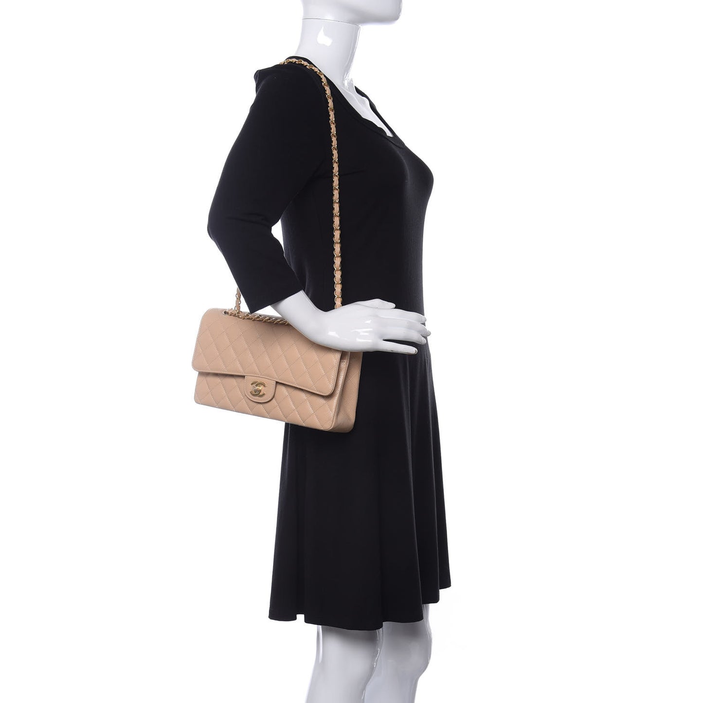 Caviar Quilted Medium Double Flap Beige