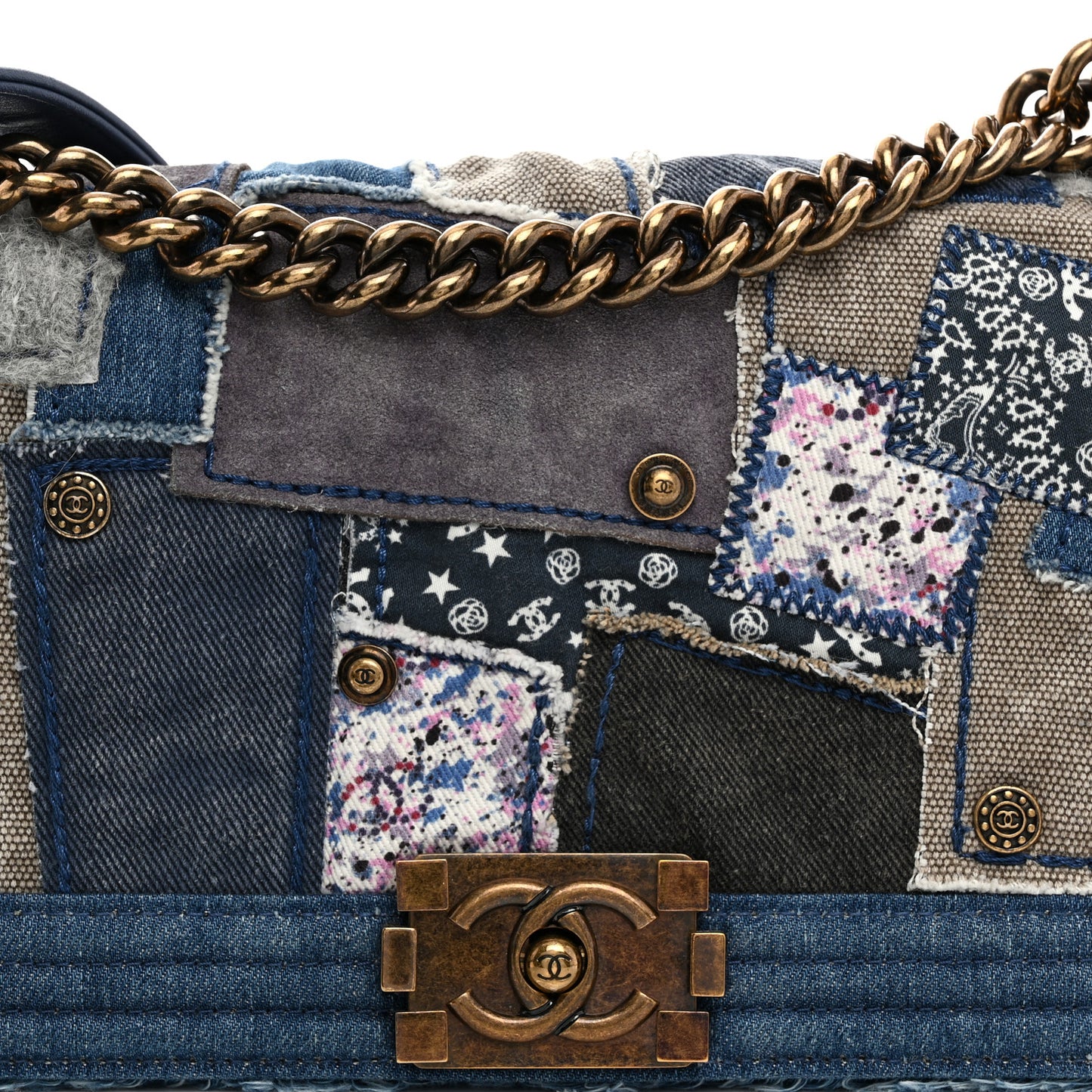Denim Patchwork Medium Boy Flap Blue