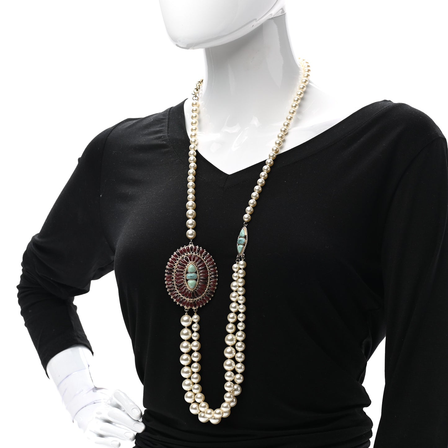 Graduated Pearl Gripoix Necklace Turquoise Burgundy