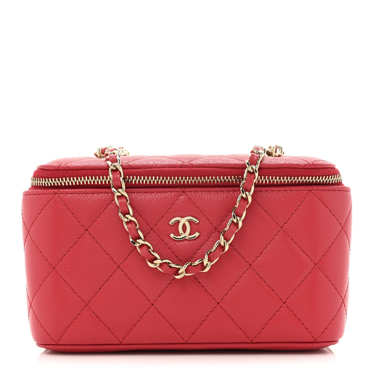 Caviar Quilted Small Vanity Case With Chain Red