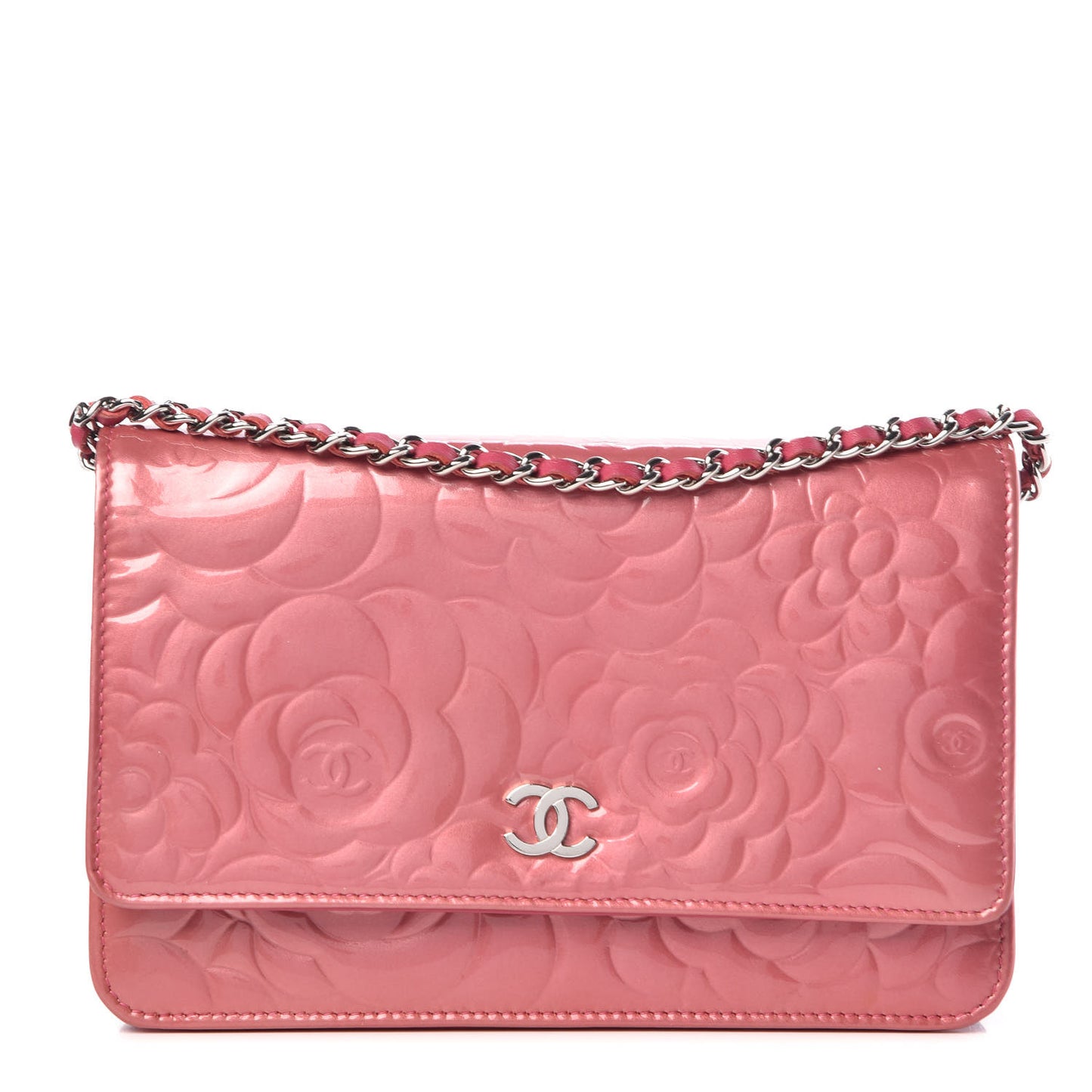 Patent Camellia Embossed Wallet on Chain WOC Rose