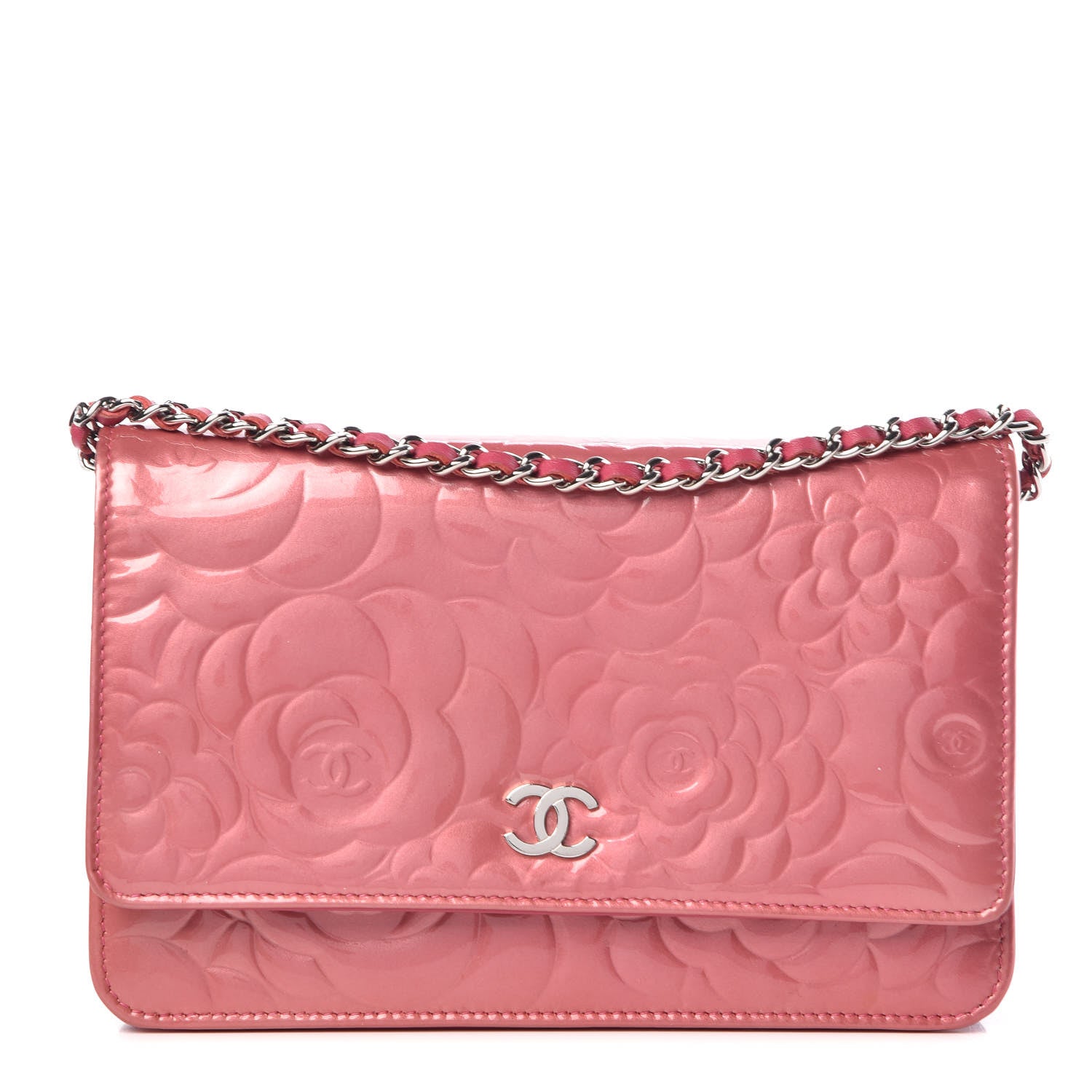 Chanel Patent Camellia Embossed Wallet on Chain WOC Rose 1 of 14