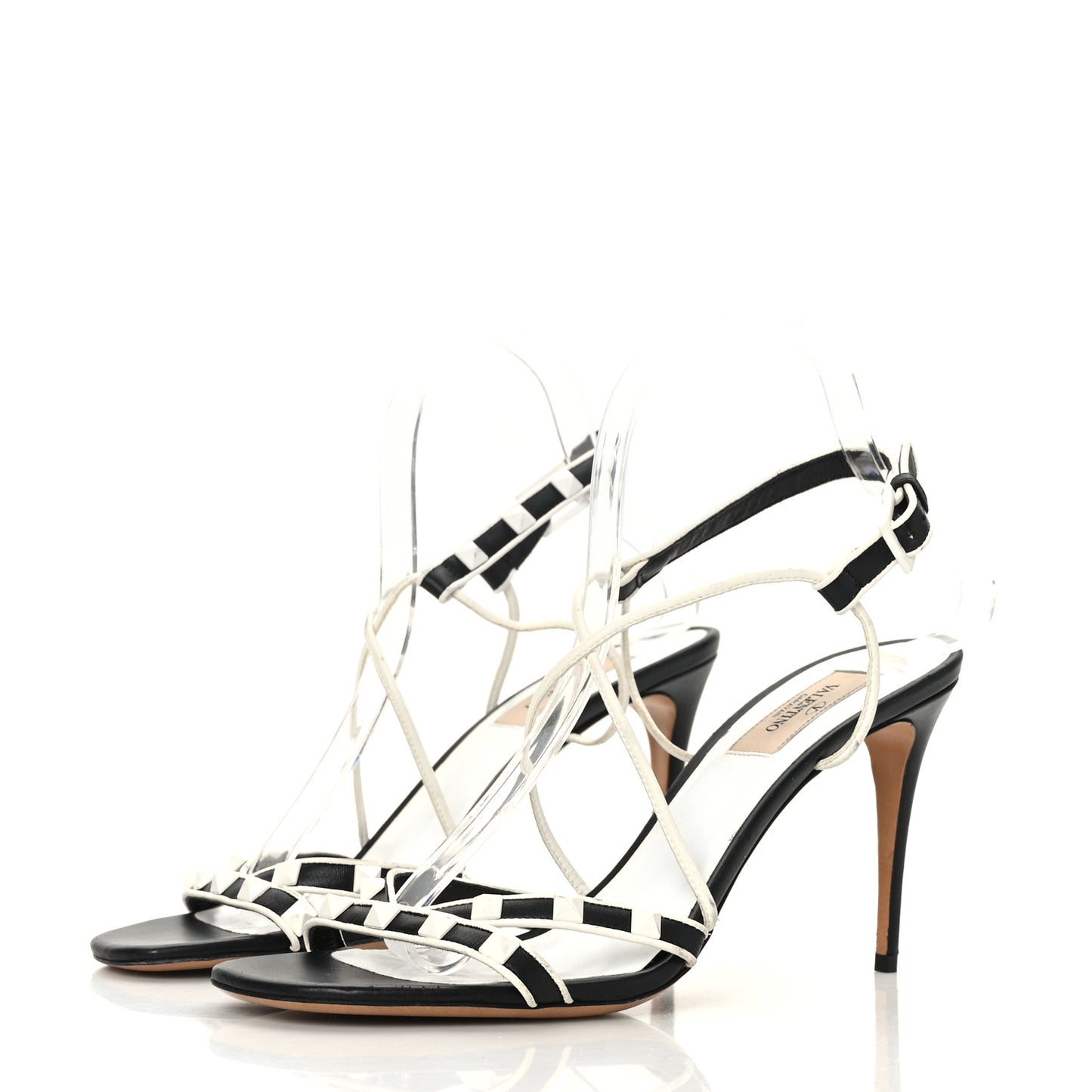 Calfskin Free Rockstud Ankle T-Strap Sandals 39 Black Optic White