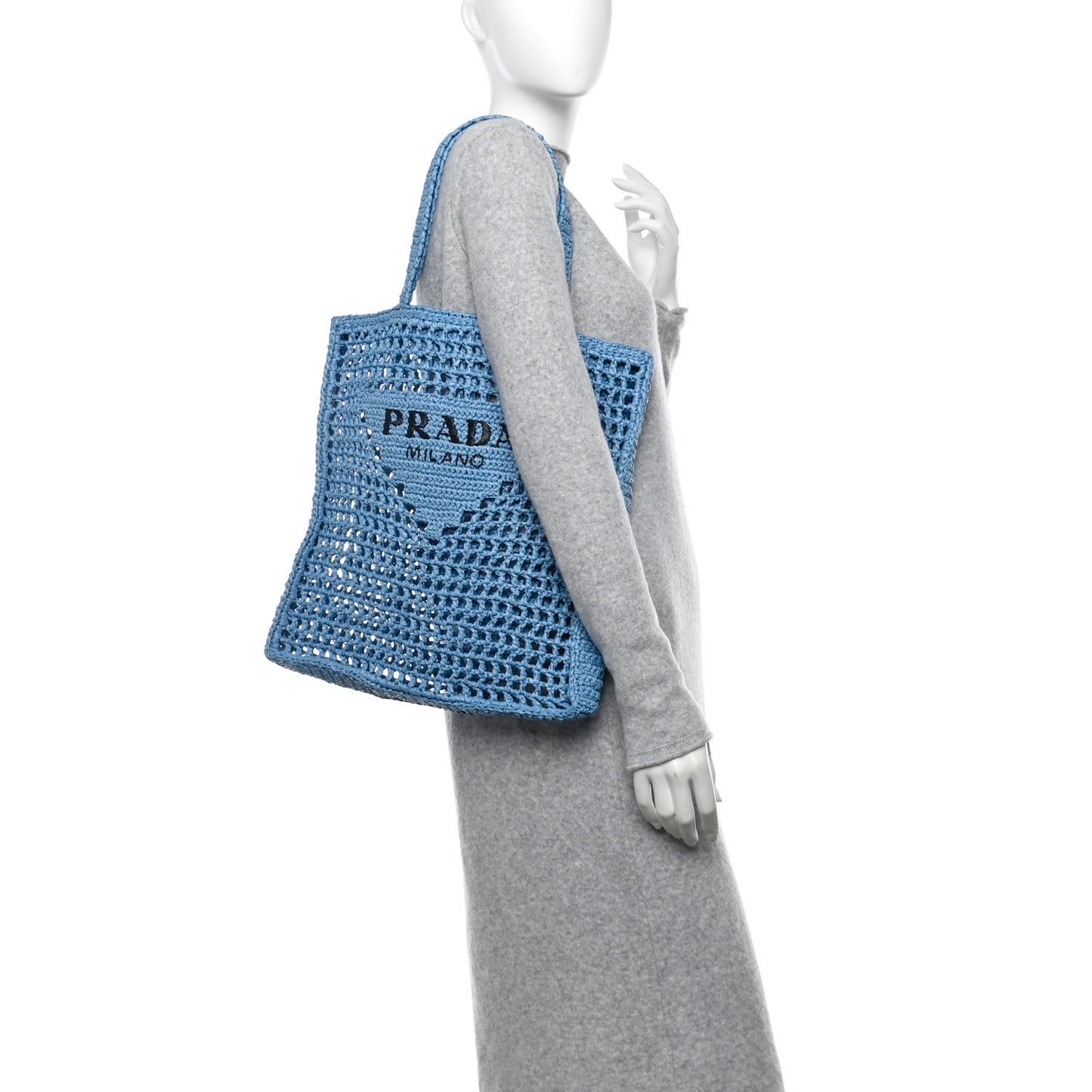 Yarn Raffia Effect Crochet Logo Embroidered Tote Bag Celeste