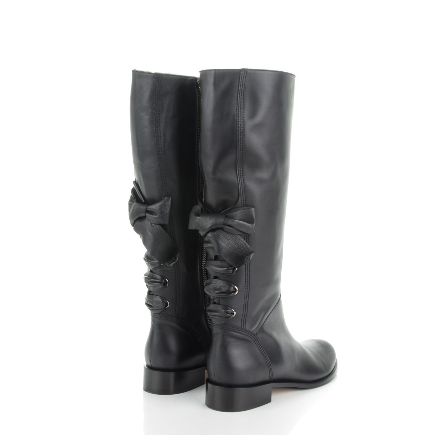 Soft Nappa Ascot Ribbon Lace-Up Riding Boots 40 Black