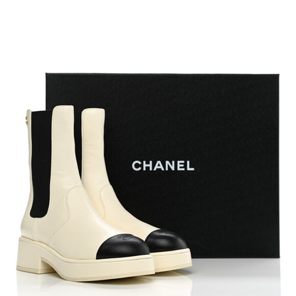 Chanel Lambskin Patent Cap Toe Short Boots 36 Ivory Black 9 of 9