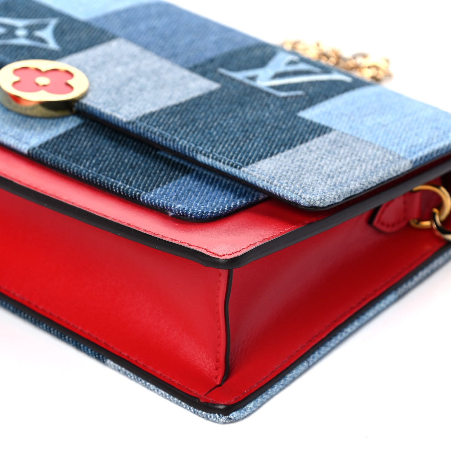Denim Damier Monogram Patchwork Flore Chain Wallet Blue Rouge