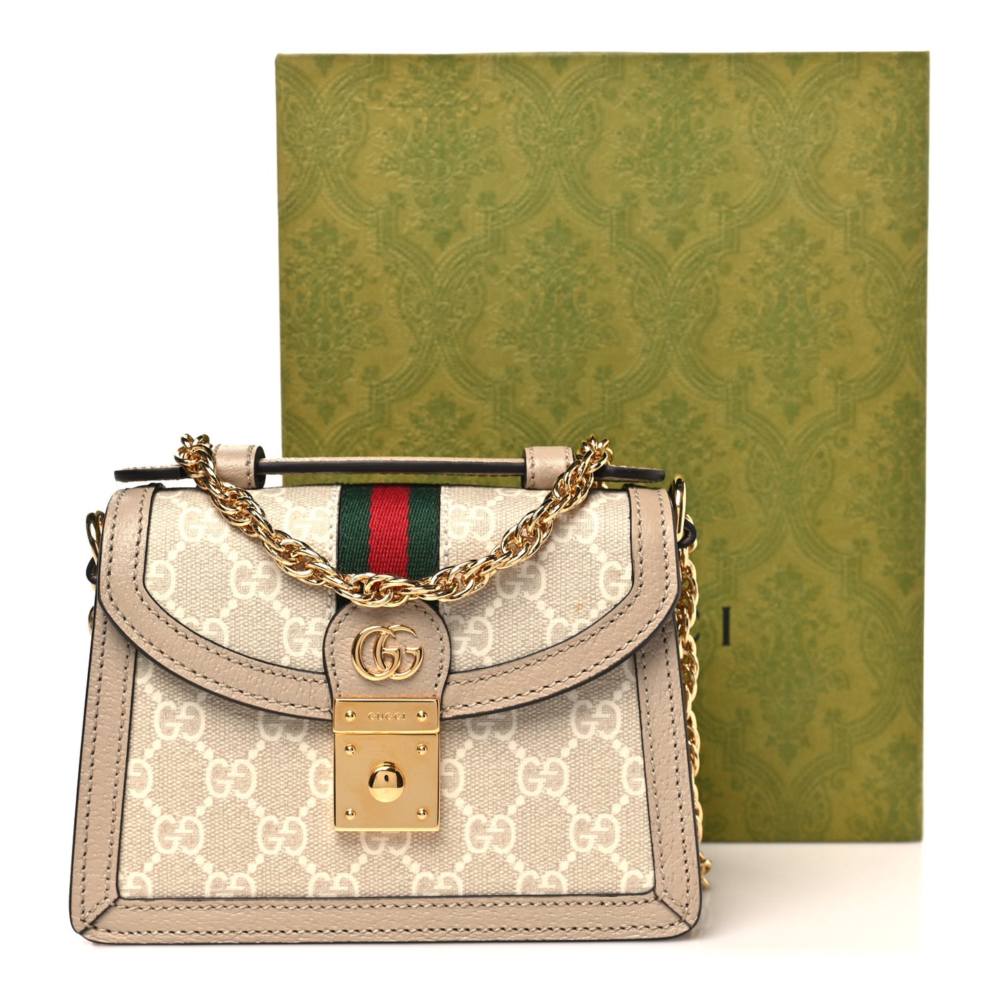 GG Supreme Monogram Textured Dollar Calfskin Web Mini Ophidia Padlock Top Handle Chain Shoulder Bag Beige Mystic White Oatmeal