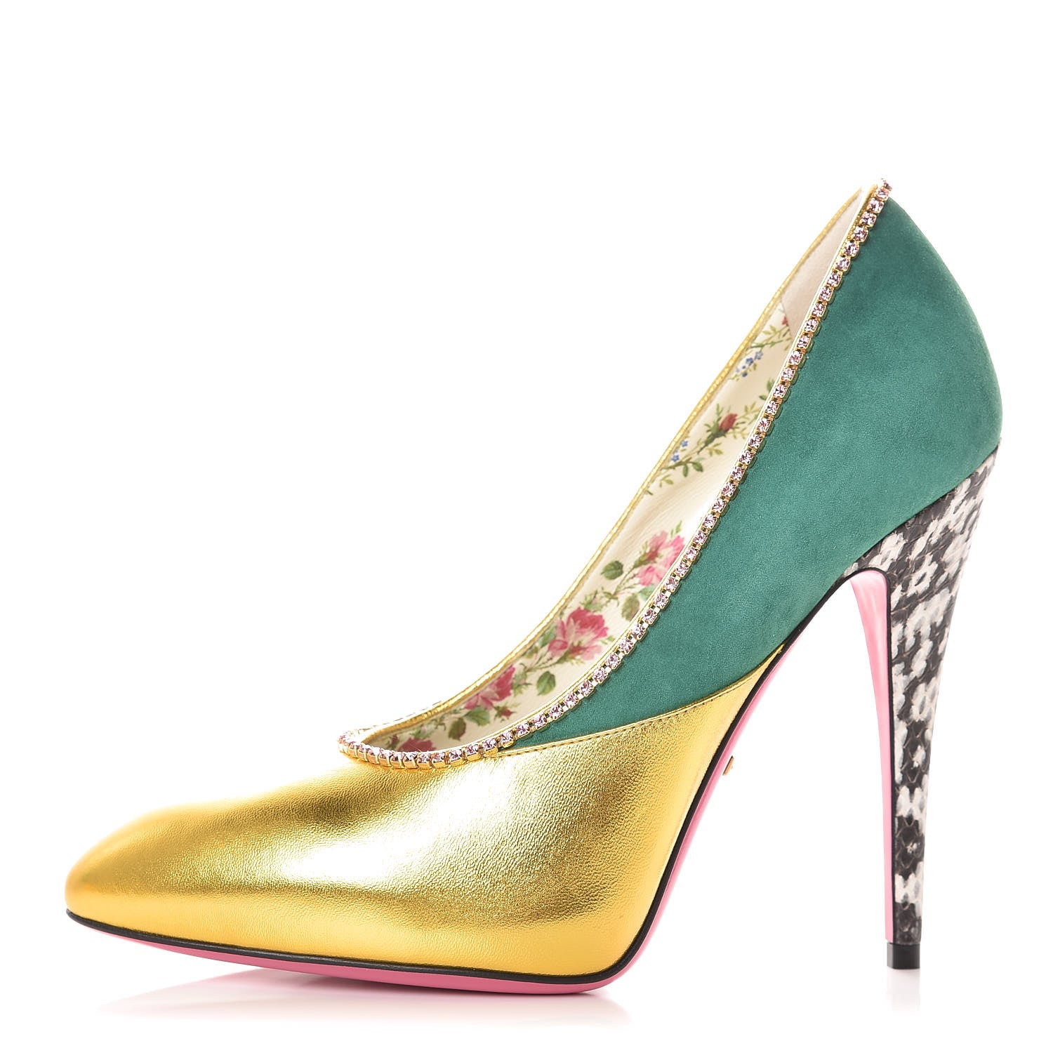 Gucci Metallic Nappa Kid Scamosciato Elaphe Snakeskin Peachy Pumps 38.5 Oro Emerald Roccia 1 of 9