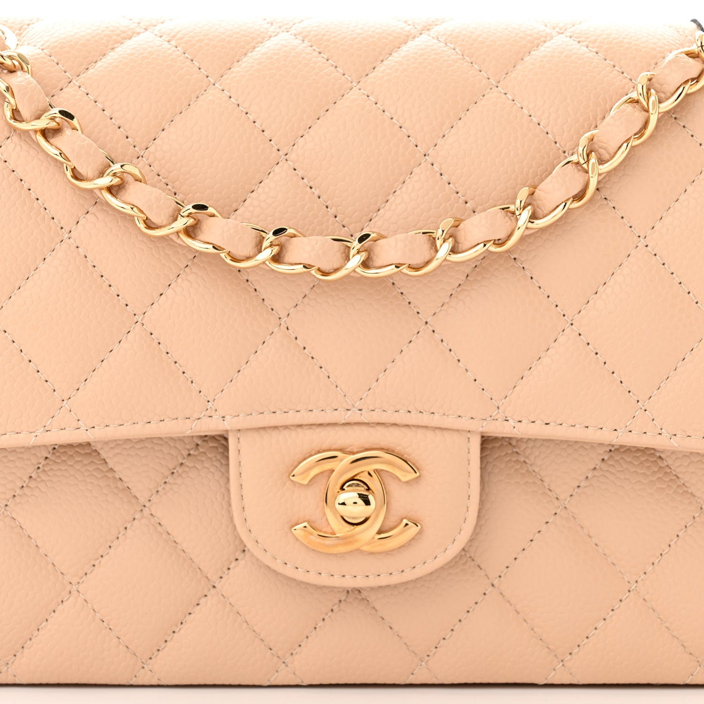 Caviar Quilted Medium Double Flap Beige