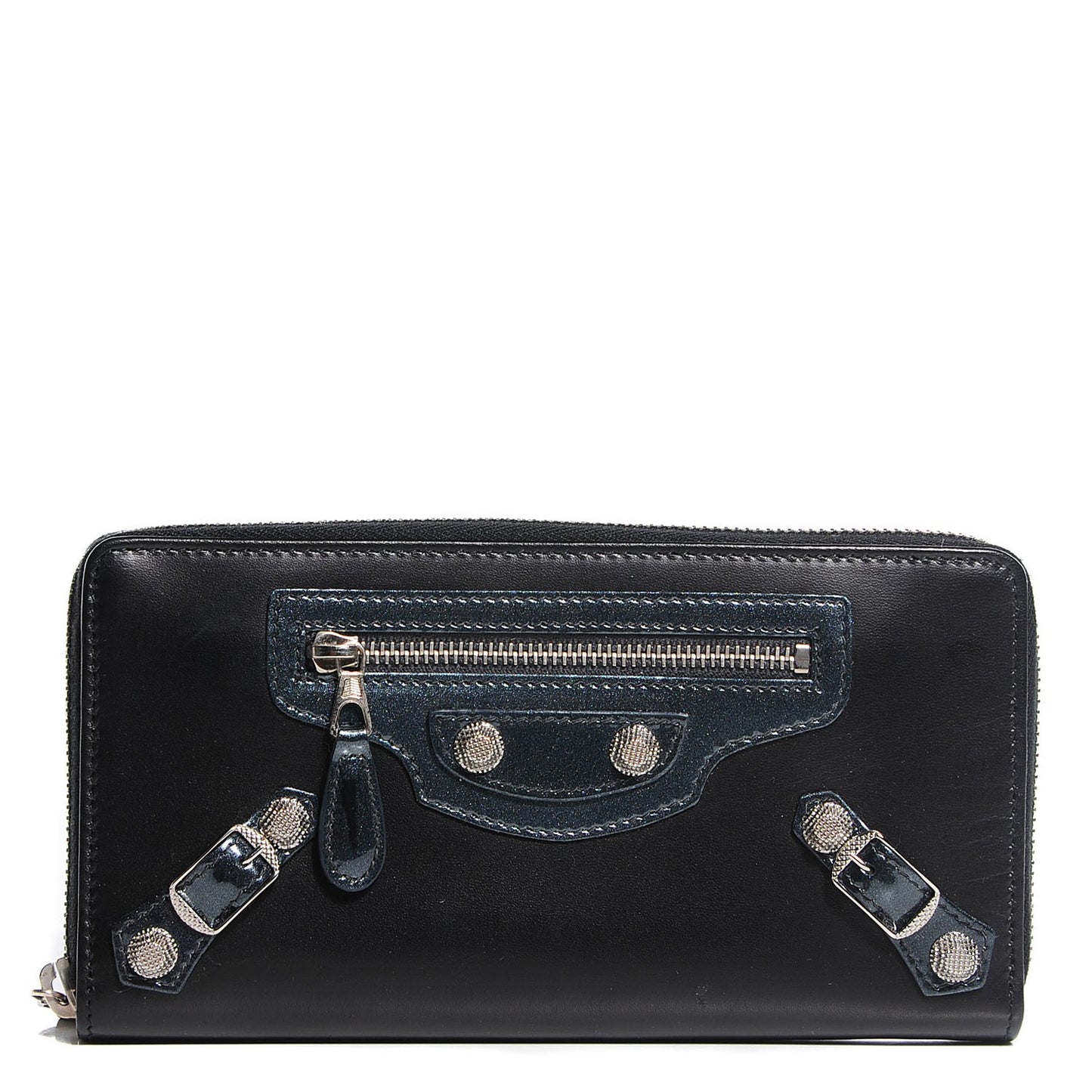 Smooth Calfskin Metallic Patent Giant 12 Silver Hardware Continental Zip Around Wallet Black