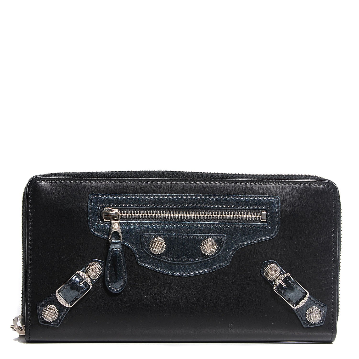 Balenciaga Smooth Calfskin Metallic Patent Giant 12 Silver Hardware Continental Zip Around Wallet Black 1 of 10