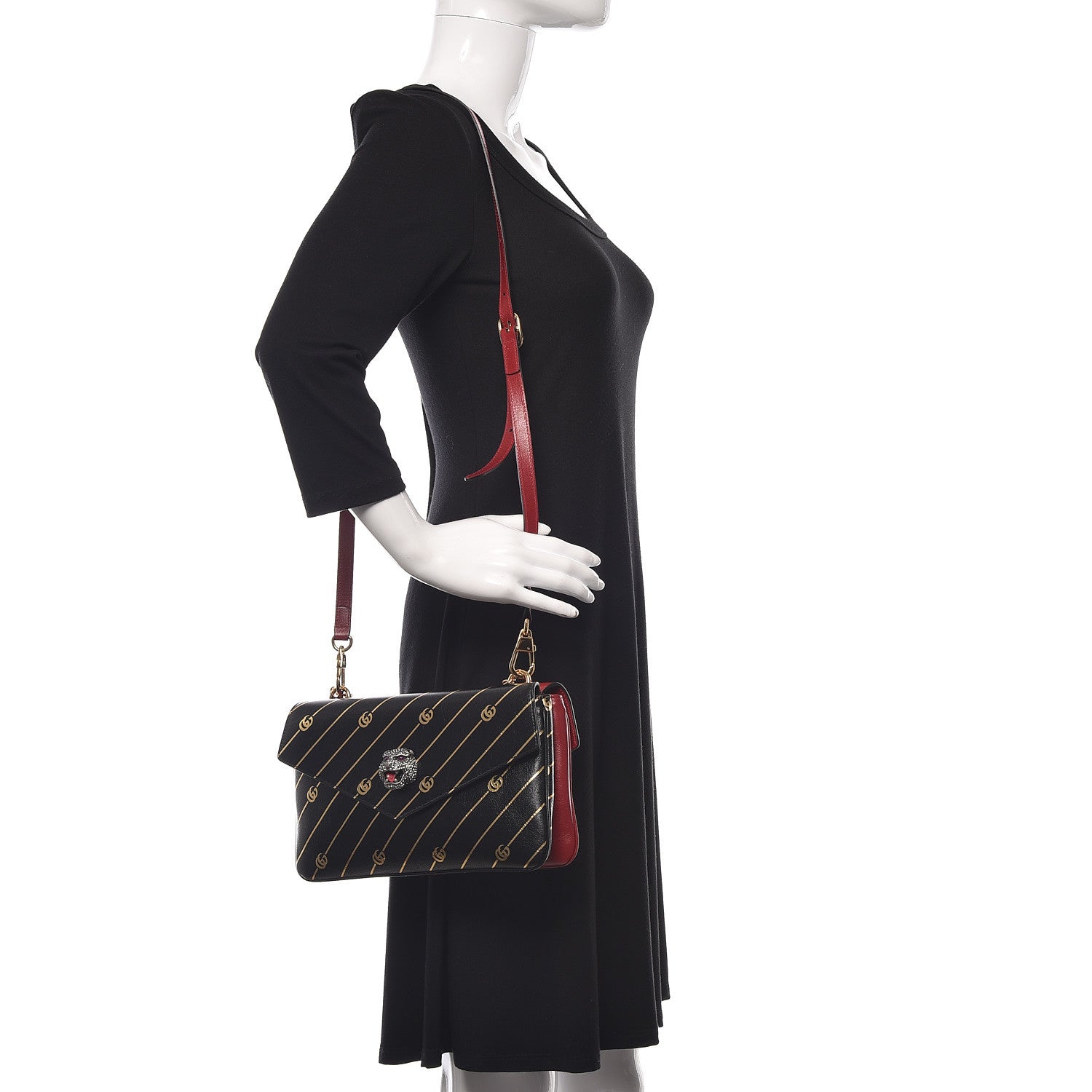 Gucci Calfskin Diagonal GG Medium Thiara Double Envelope Shoulder Bag Black Red 2 of 13