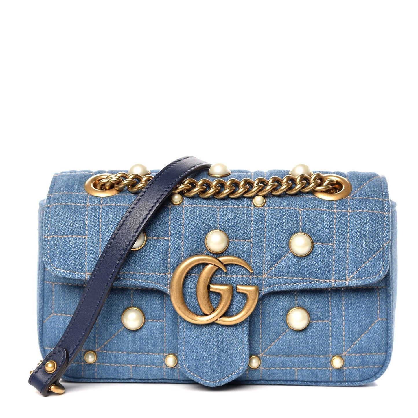 Denim Matelasse Pearl Studded Mini GG Marmont Shoulder Bag Blue