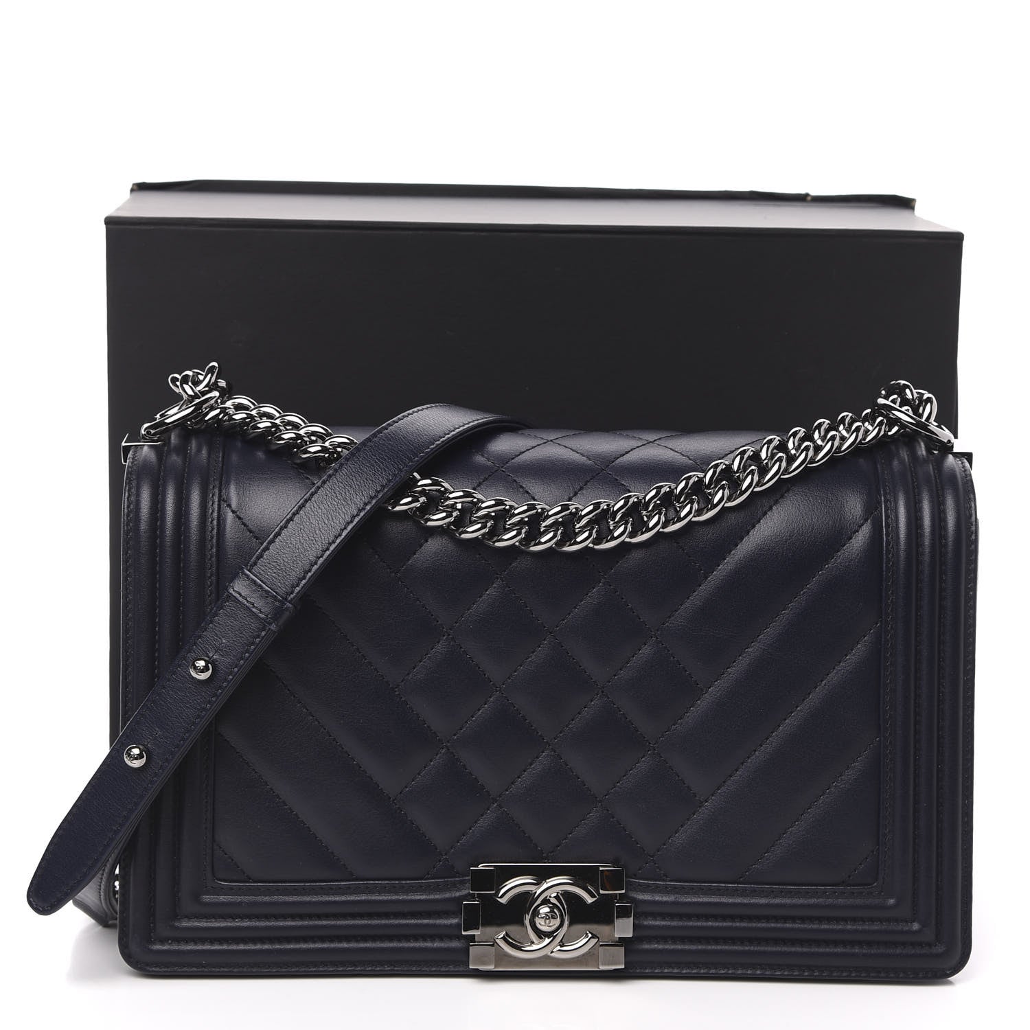 Chanel Calfskin Chevron Quilted New Medium Boy Flap Navy Blue 14 of 14