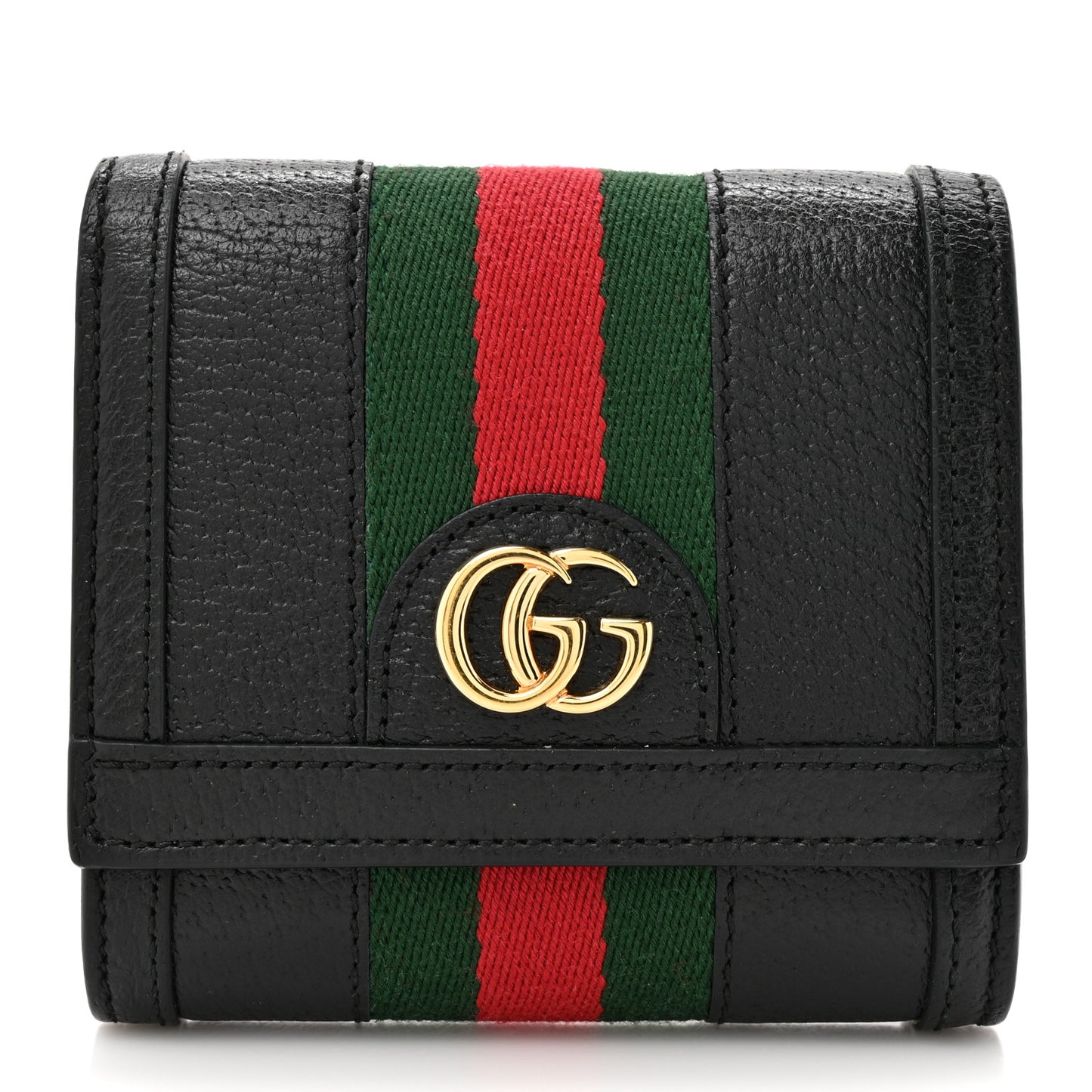 Textured Dollar Calfskin Web Ophidia Card Case Wallet Black