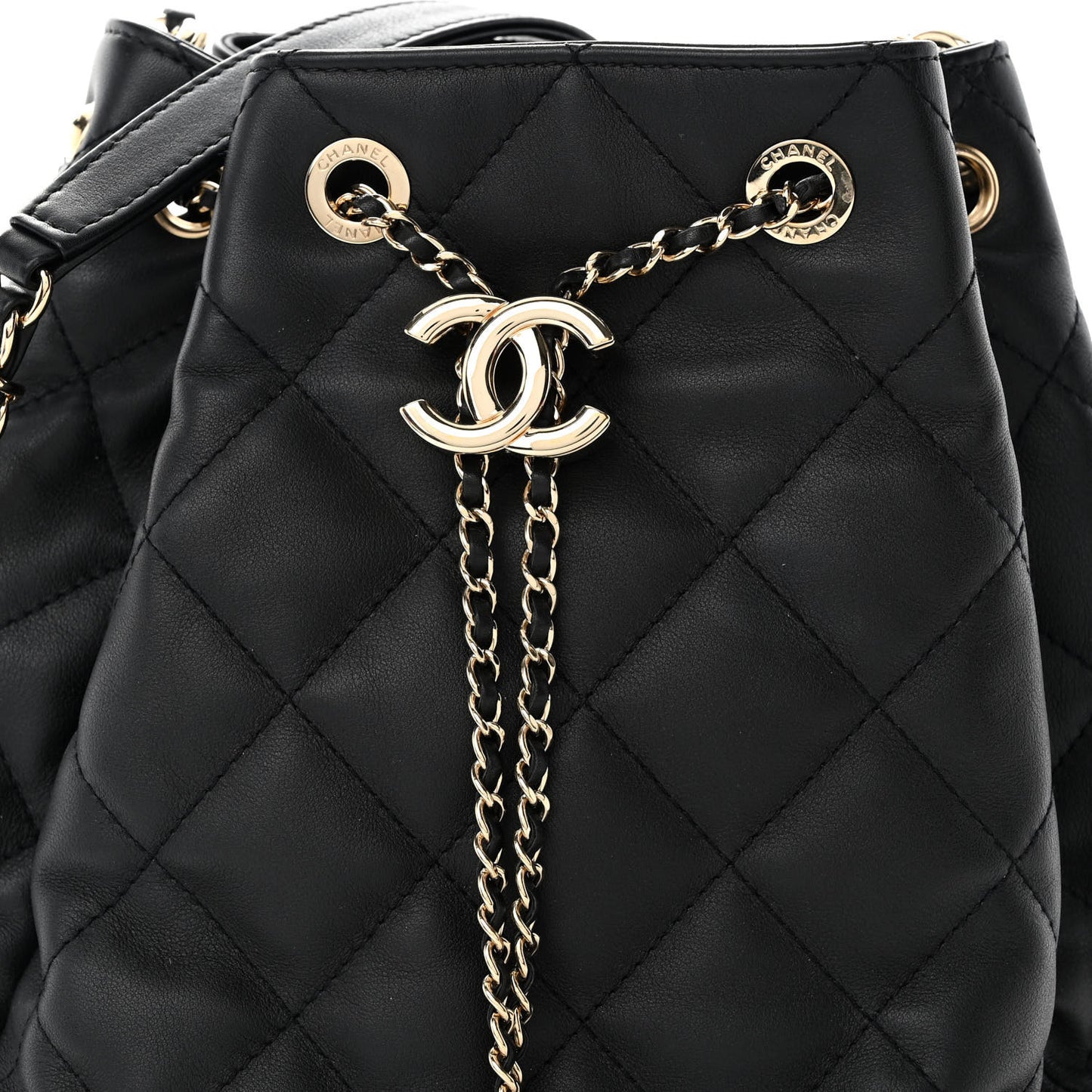 Lambskin Quilted Chain Drawstring Bag Black