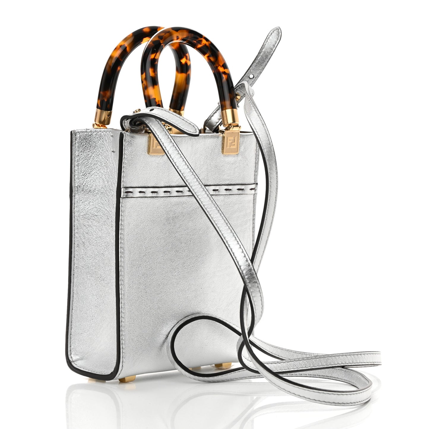 Vitello Catalan Mirror Plexiglass Mini Fendi Sunshine Shopper Tote Argento