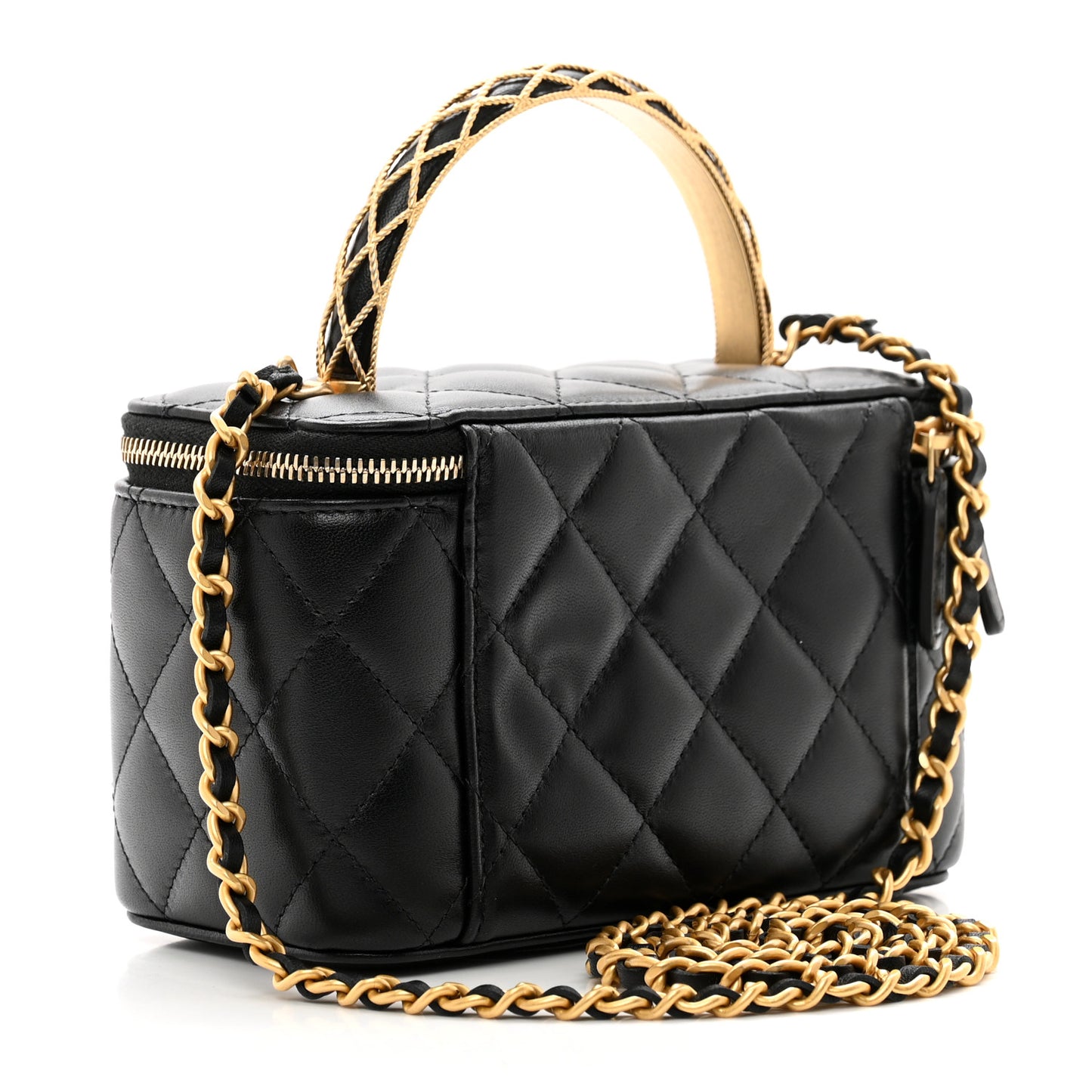 Lambskin Quilted Metal Twist Small Top Handle Vanity Case With Chain Black