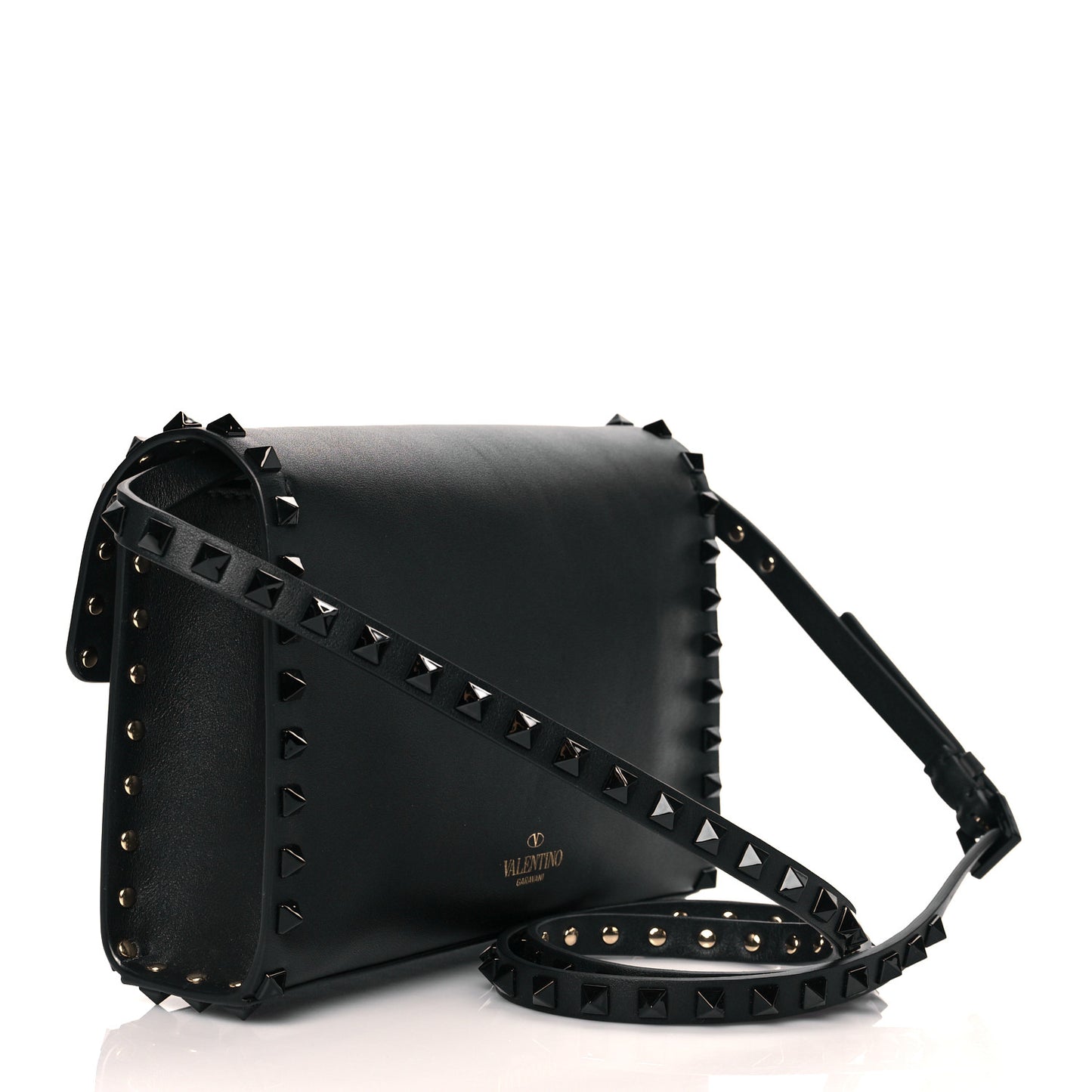 Vitello Monochrome Medium Rockstud Flip Lock Crossbody Bag Black