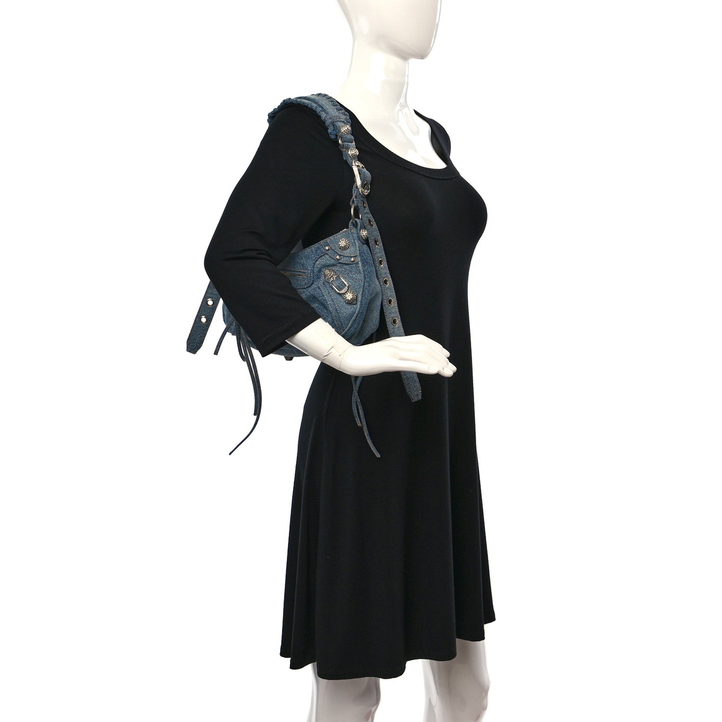 Washed Frayed Denim Crystal Small Le Cagole Shoulder Bag Blue