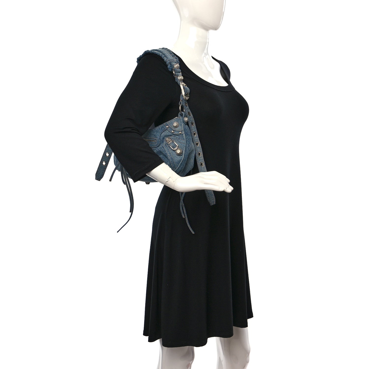 Balenciaga Washed Frayed Denim Crystal Small Le Cagole Shoulder Bag Blue 2 of 9