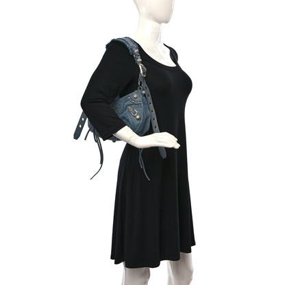 Balenciaga Washed Frayed Denim Crystal Small Le Cagole Shoulder Bag Blue 2 of 9
