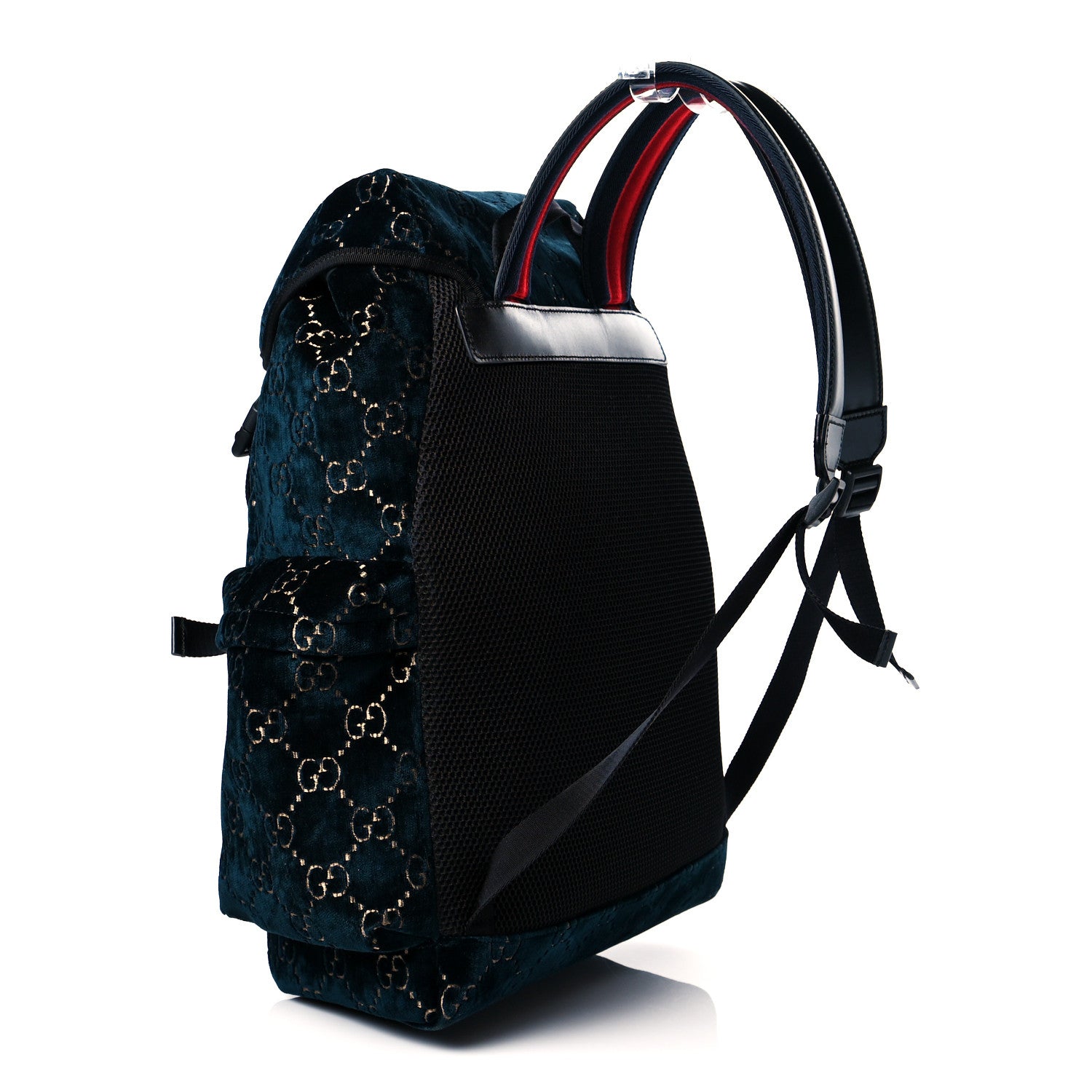 Gucci Velvet GG Monogram Web Medium Double Buckle Backpack Blue Beige Black 2 of 10