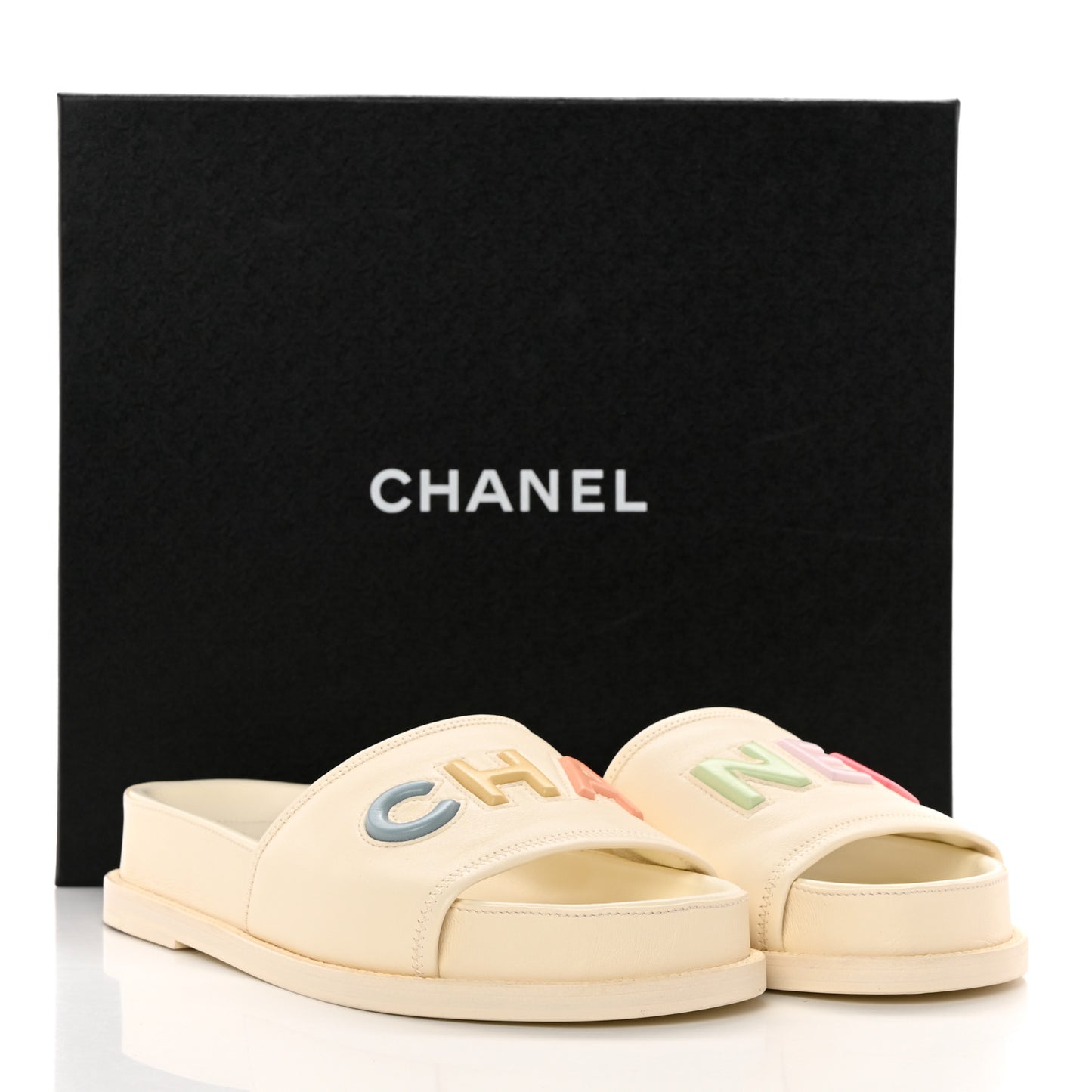Lambskin Cha-Nel Mule Sandals 39 Ivory Multicolor