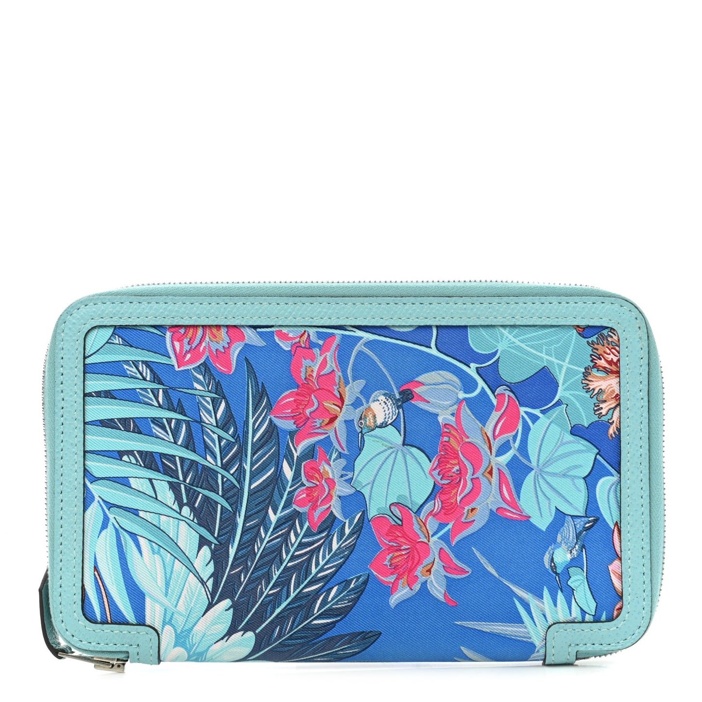 Epsom Printed Silk Flamingo Party Soie-Cool Wallet Mykonos Bleu Atoll