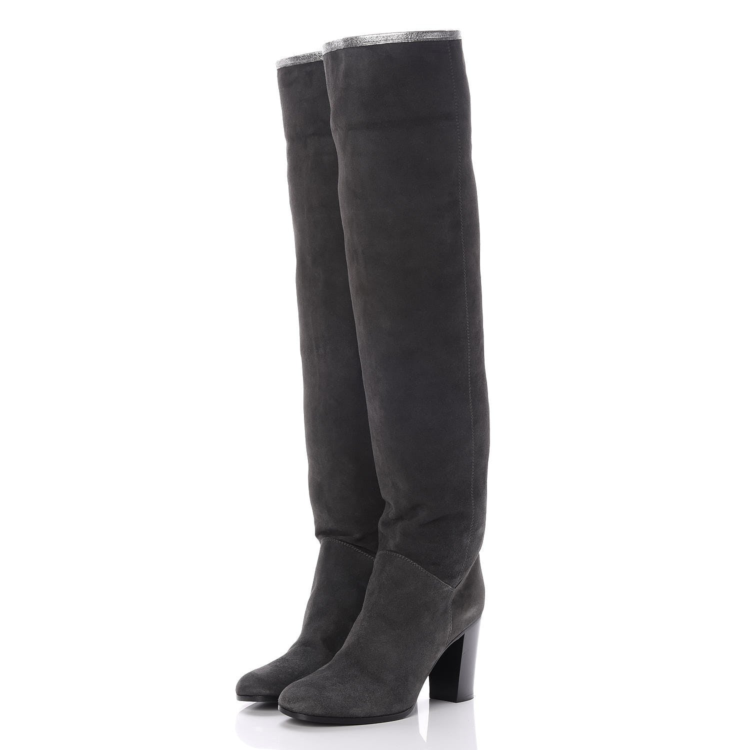 Chanel Suede Calfskin CC Knee High Boots 40.5 Grey Silver 3 of 7